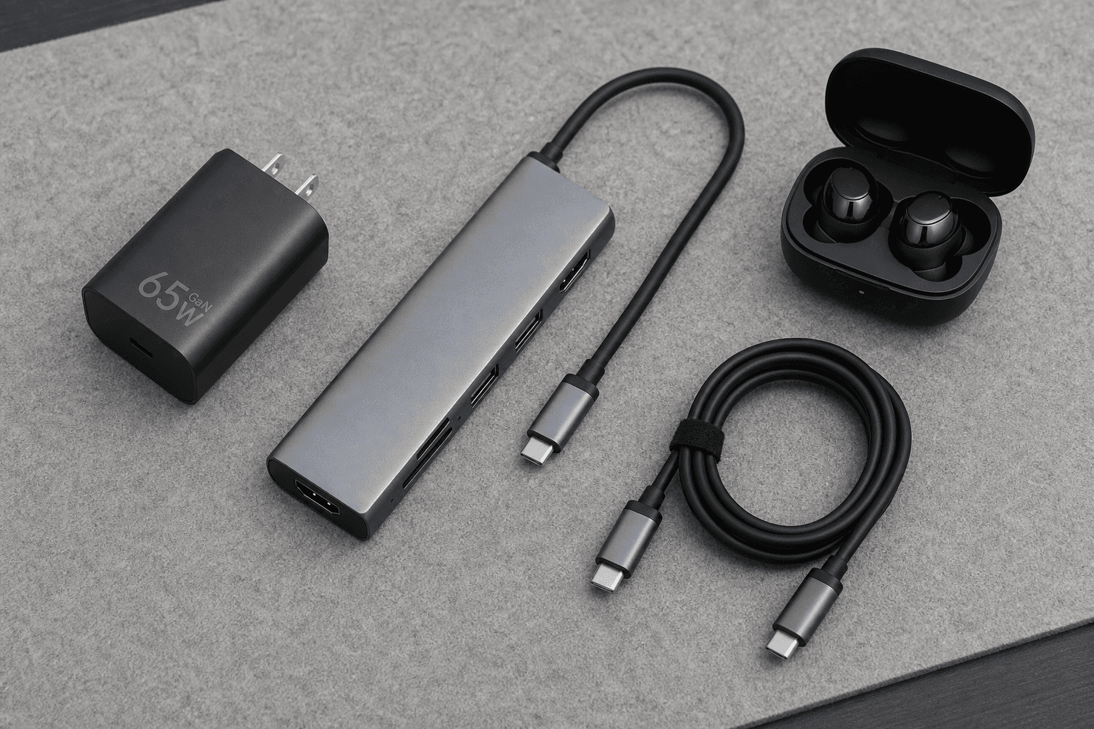 Daily carry tech accessories flat lay with charger, hub and earbuds