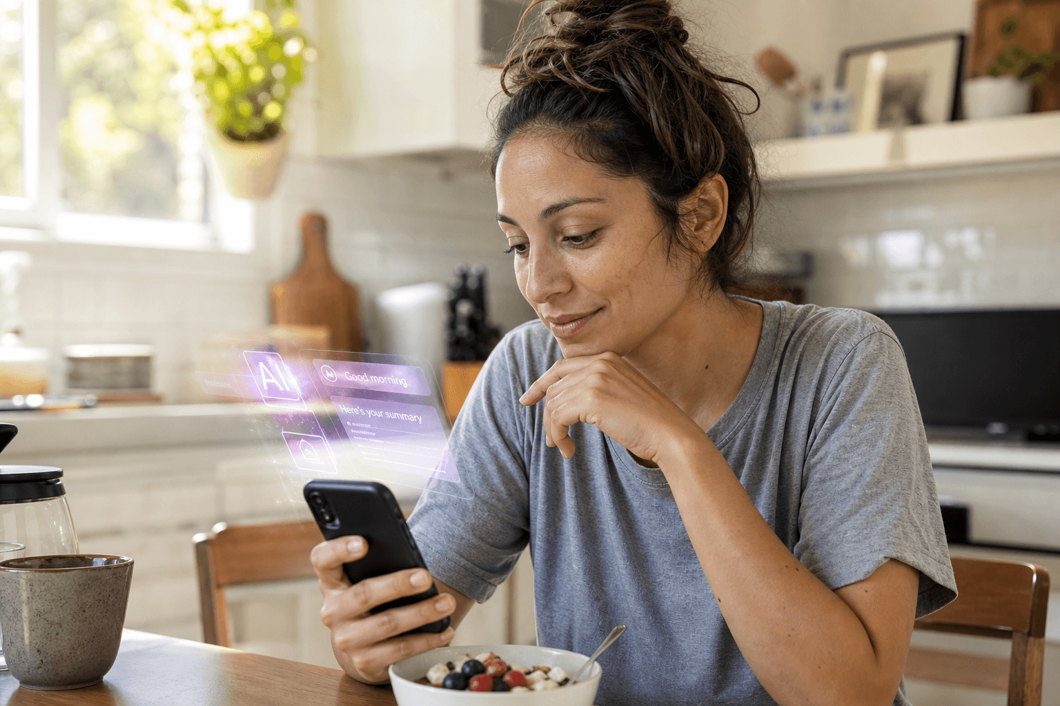 Person using a smartphone with AI-assisted features at home