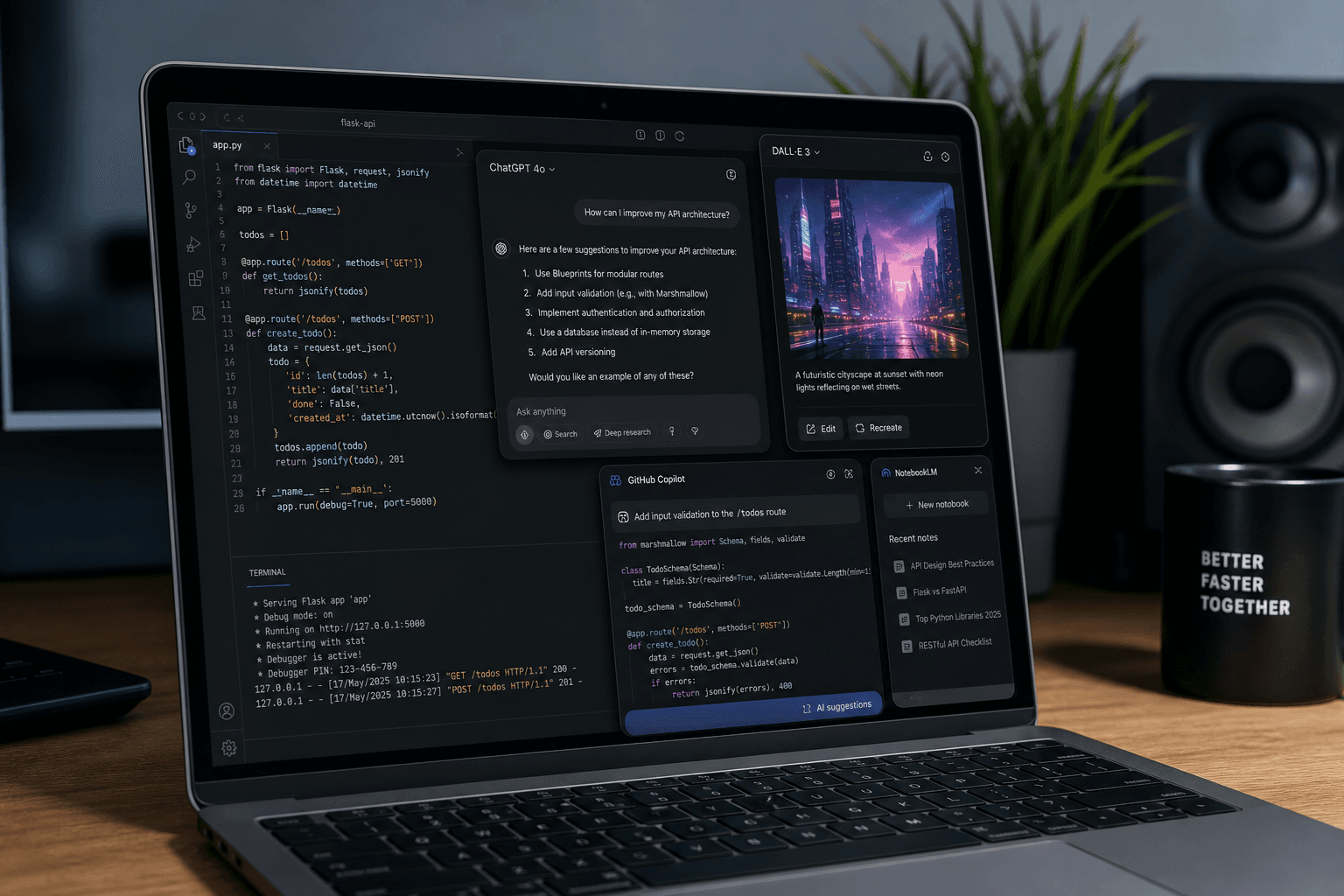 Laptop displaying AI software tools on a developer desk