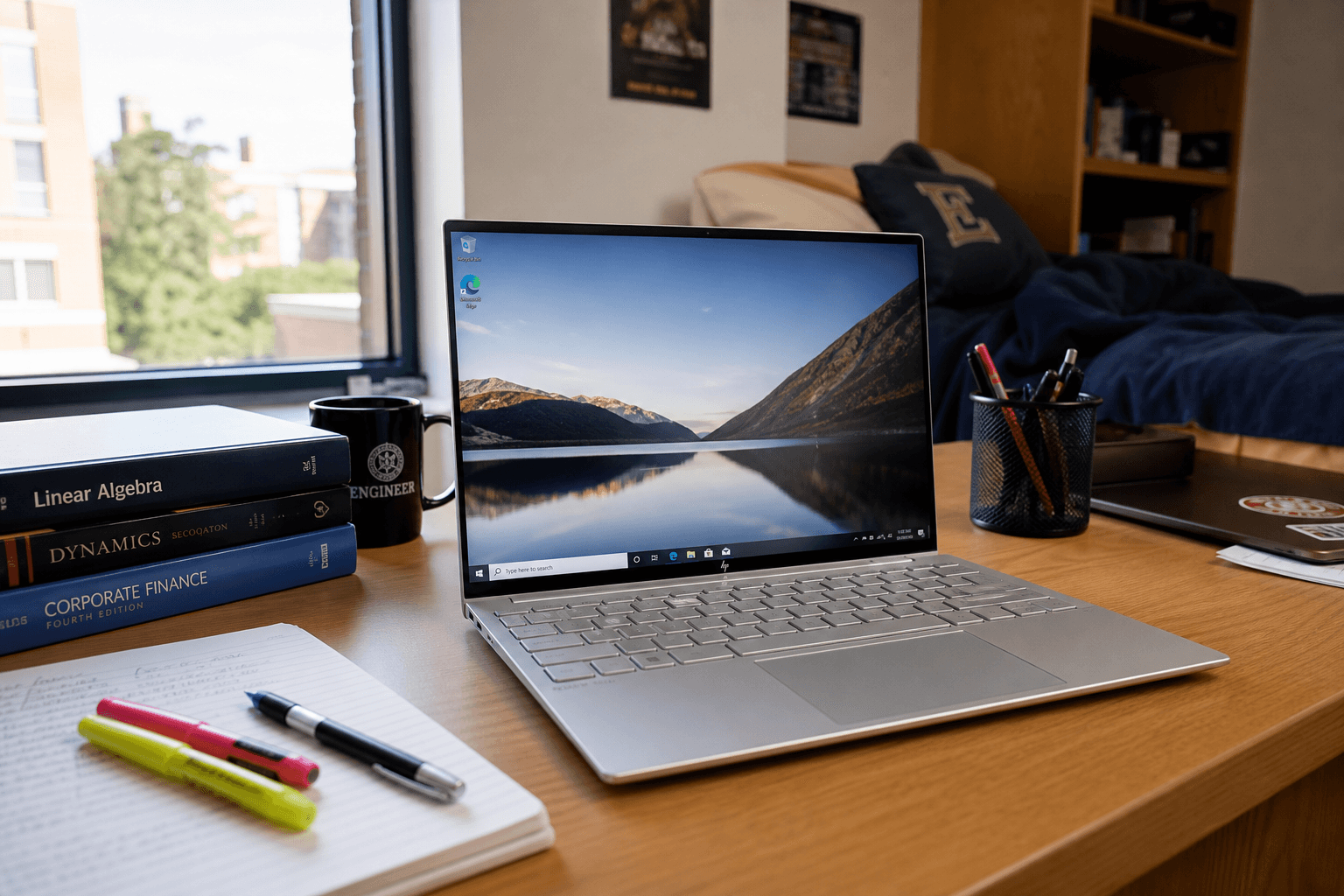 Lenovo IdeaPad Slim 5 laptop on a student desk with textbooks