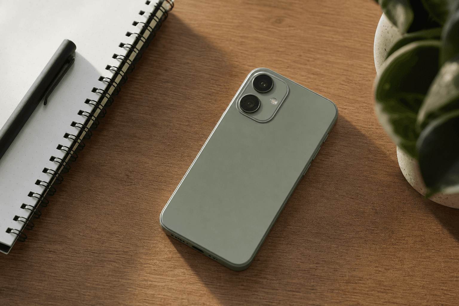 Google Pixel 9a smartphone on a wooden desk for review