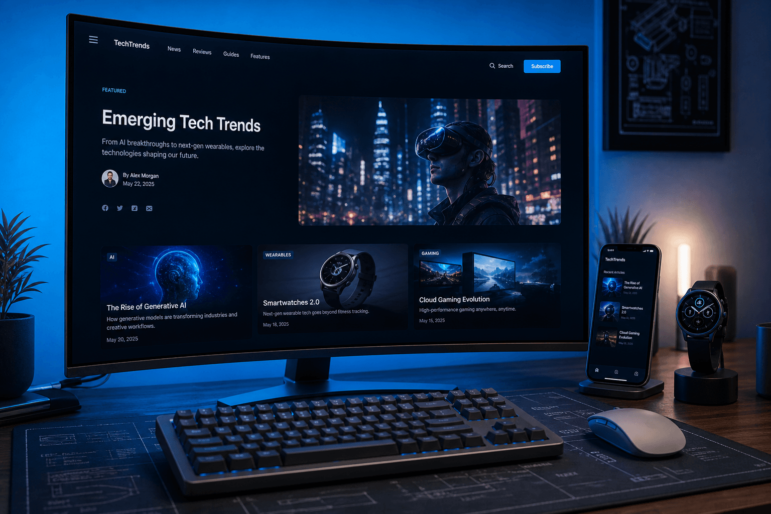 Modern tech workspace with monitor, keyboard and gadgets