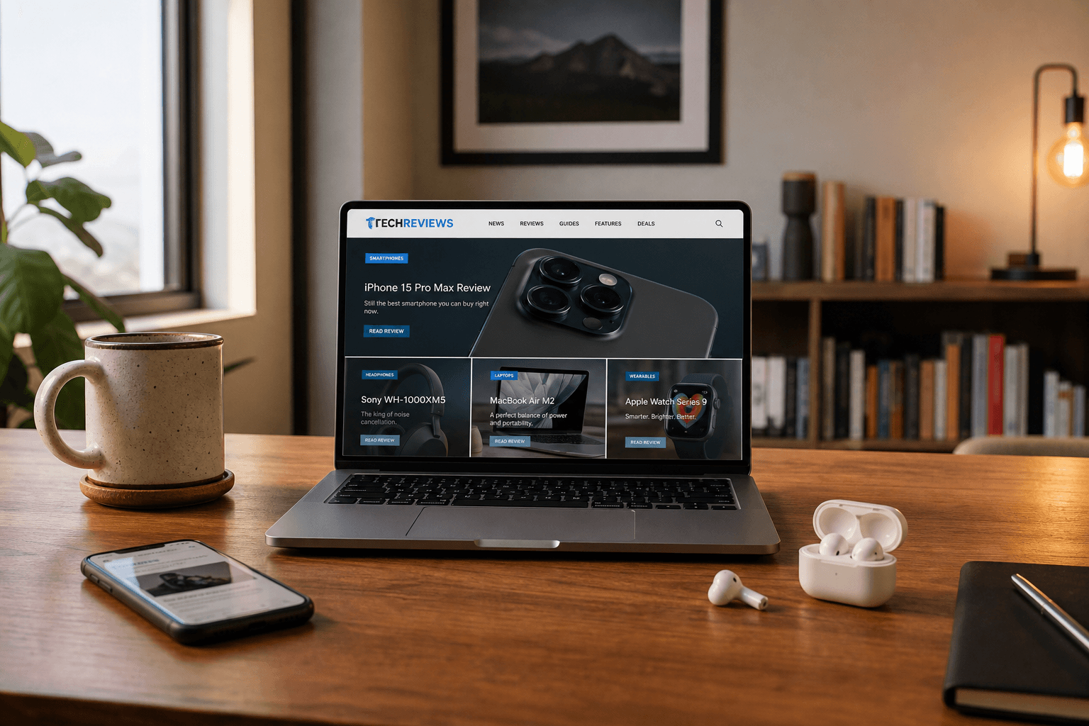 TechNCom editor desk with laptop, smartphone and everyday tech gear